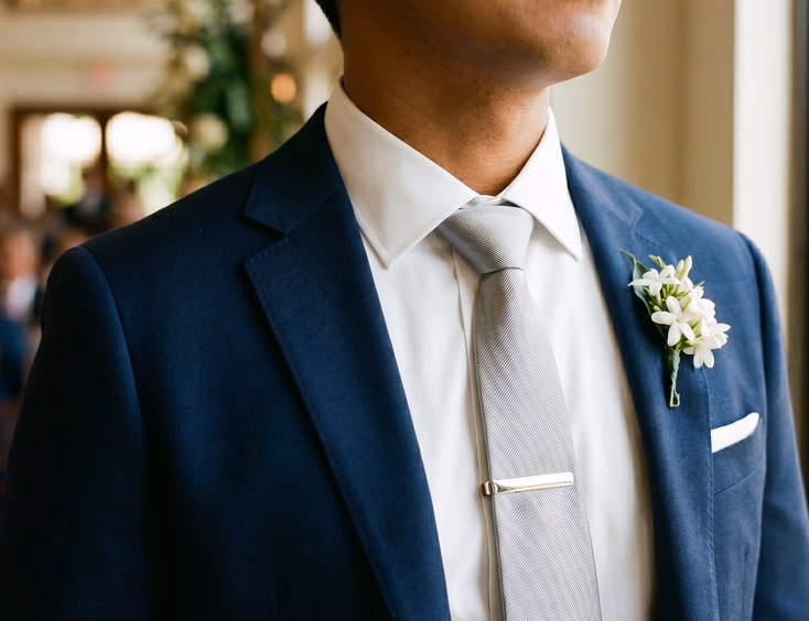 Close-up of Filipino groom's chest wearing navy blue suit with silver-grey silk necktie and polished silver tie bar in sharp focus, soft natural window light, editorial wedding photography