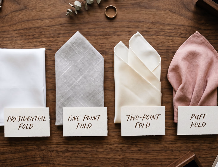 Flat lay of four folded pocket squares on dark walnut surface including white silk presidential fold, grey linen one-point fold, ivory satin two-point fold, and dusty rose cotton puff fold with label cards, styled groom editorial product photography