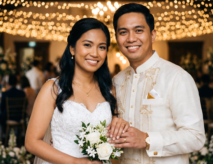 Filipino bride and groom from shoulders to waist, bride in white sweetheart gown with gold jewelry and groom in cream coat barong Tagalog with gold cufflinks, hands clasped showing matching gold wedding bands, fairy light bokeh background, editorial wedding photography