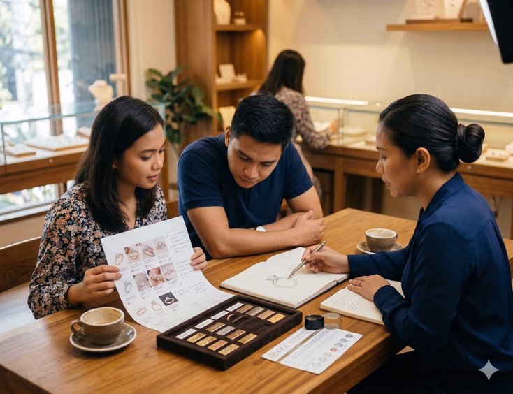 A Filipino couple in their late 20s sits across from a Filipino female jeweler at a wooden consultation desk inside a warmly lit Manila jewelry atelier. The woman holds a printed ring reference photo sheet with handwritten notes while her partner reviews an open design sketch pad as the jeweler points to a hand-drawn ring profile sketch with a slim pen. A velvet tray of yellow gold, white gold, and rose gold metal sample swatches, a loupe, a stone grade reference card, and two cups of coffee sit between them on the desk.