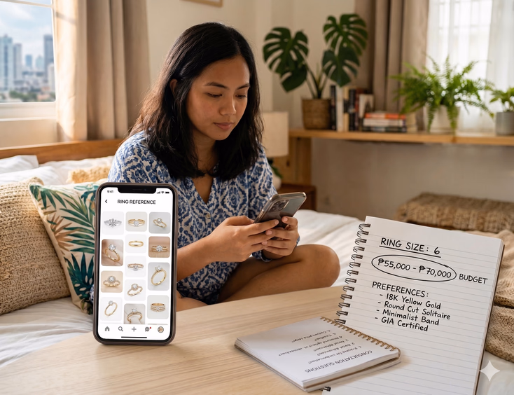 A Filipino woman in her late 20s sits cross-legged on a bed in a tidy Philippine bedroom, holding her phone displaying a Pinterest ring board with twelve saved reference images including round solitaires, minimalist bands, and pavé designs. Beside her, an open notebook shows two pages of handwritten consultation preparation notes with a ring size at the top, a circled budget figure, and a list of metal and stone preferences, topped with a printed copy of five consultation questions.
