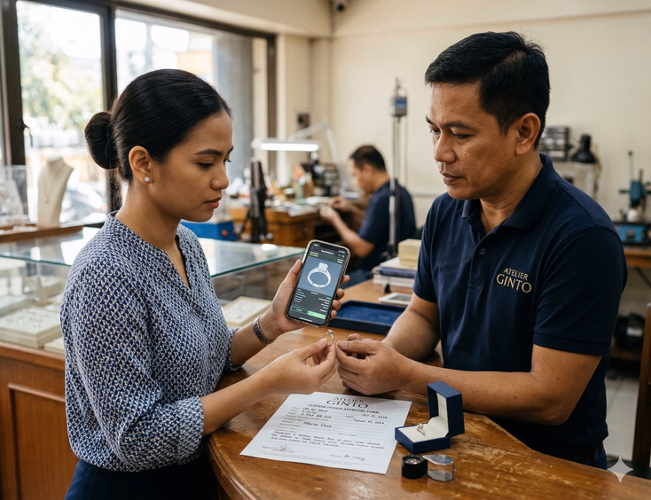 Inside a Philippine jewelry atelier pickup counter, a Filipino woman in her late 20s holds a finished custom ring in one hand and her phone displaying the original approved 3D ring render in the other, calmly comparing the two with a focused, slightly furrowed expression. The Filipino male jeweler across the counter examines the ring with a professional, attentive expression. Between them on the counter, the original signed design approval form with listed specifications, a ring box, and a jeweler's loupe are laid out under natural and workshop lighting.