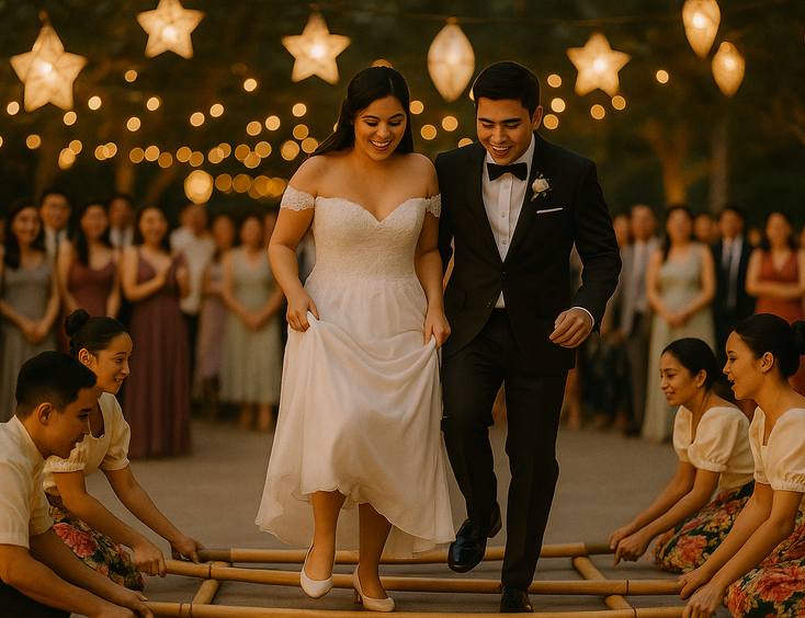Young Filipino couple joining a Tinikling dance with a smiling crowd and warm lights