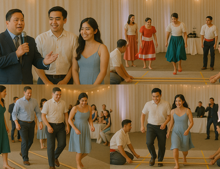 Host introduces a Tinikling set with troupe guest round and a final couple pass