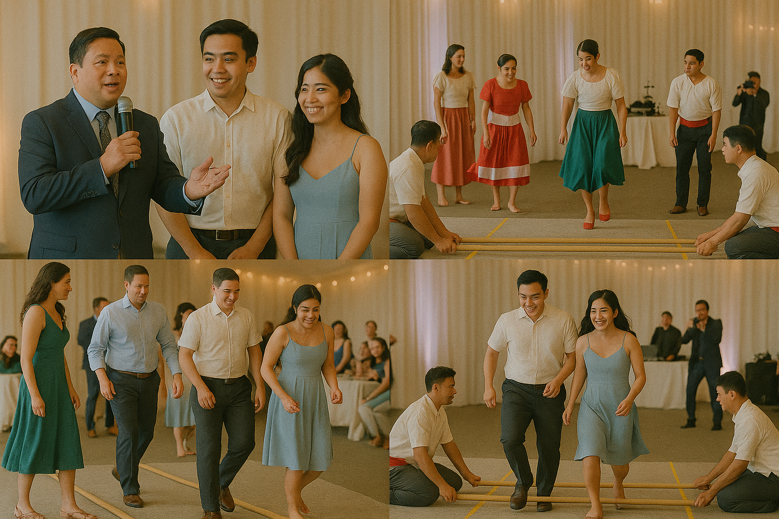 Host introduces a Tinikling set with troupe guest round and a final couple pass