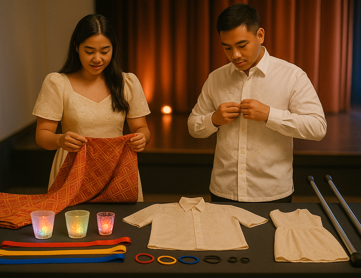 Couple reviews cultural outfits and safe props including rubber tipped poles and LED cups