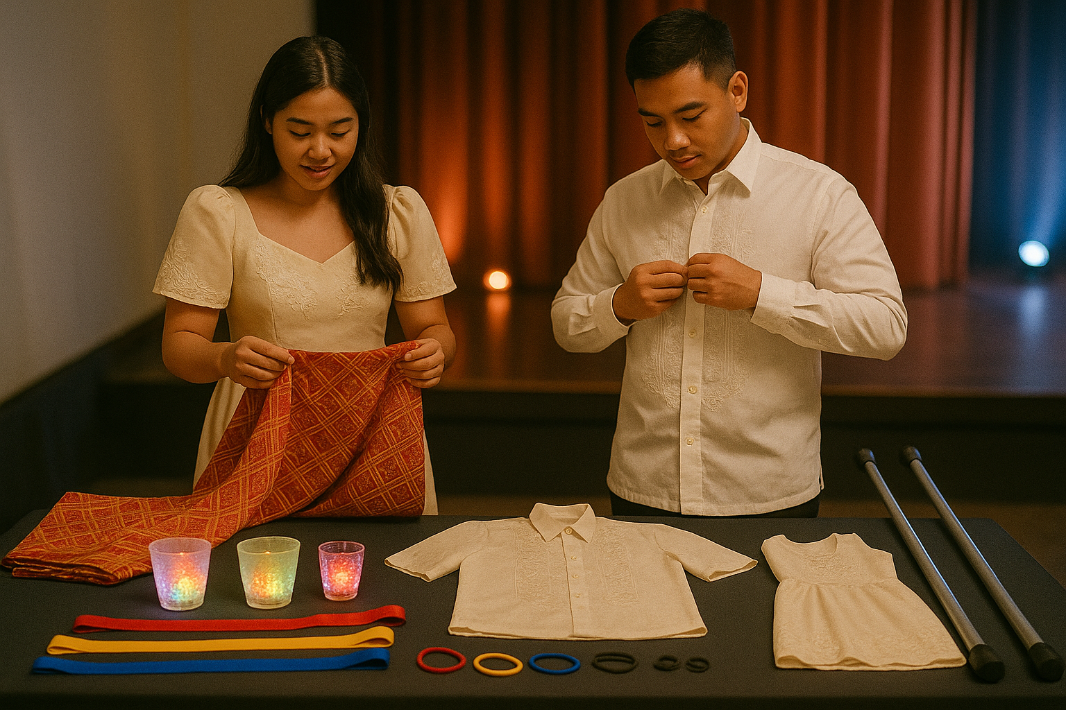 Couple reviews cultural outfits and safe props including rubber tipped poles and LED cups