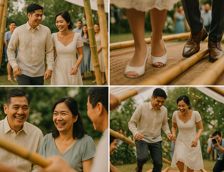 Wide and close shots capture the couple dancing Tinikling with clear angles for the crew