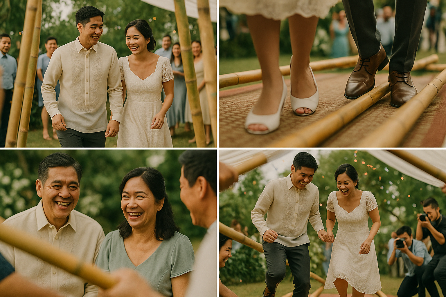 Wide and close shots capture the couple dancing Tinikling with clear angles for the crew