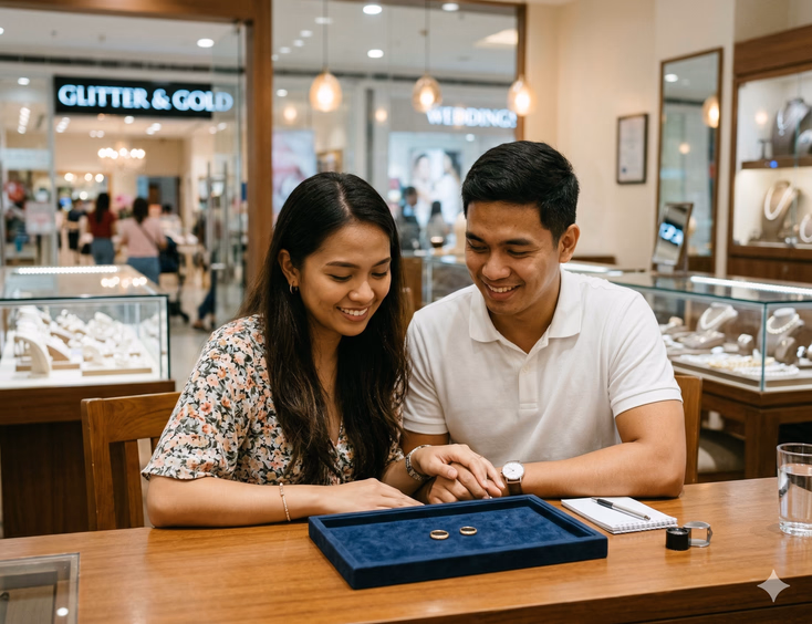 A Filipino couple in their late 20s sits together at a wooden jewelry counter inside a well-lit Philippine mall boutique, both looking down with soft smiles at two simple gold wedding bands displayed on a dark velvet ring tray between them. Warm interior lighting and a softly blurred background of glass jewelry display cases create an intimate, unhurried atmosphere.