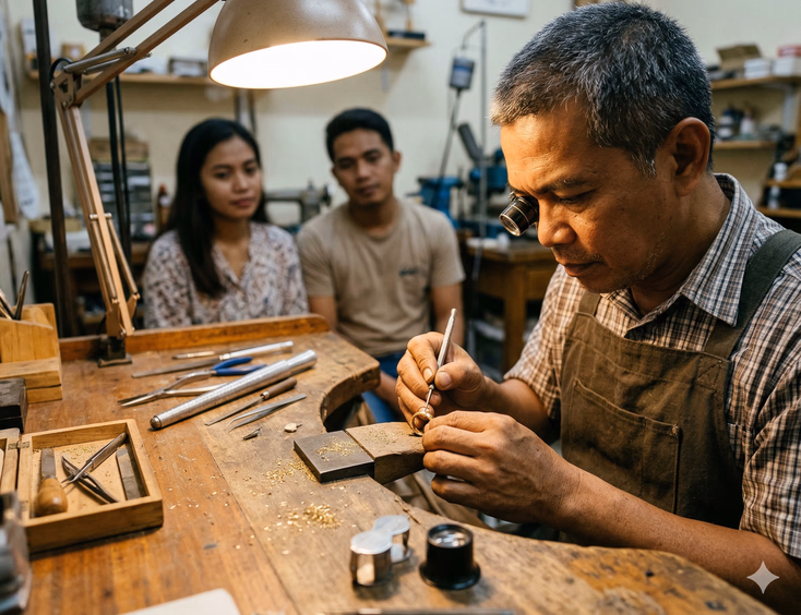 A Filipino male jeweler in his 40s carefully engraves the inside of a gold wedding band using a small handheld tool at a characterful wooden workbench inside a small independent jewelry workshop in Davao City. A ring mandrel, small metal tools, a jeweler's loupe, and scattered gold filings surround him under warm tungsten lighting as a young Filipino couple sits slightly out of focus in the background, watching with quiet attention.