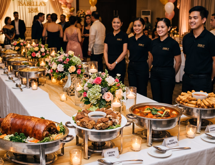 Filipino debut buffet with lechon belly, crispy pata, and caldereta in silver chafing dishes, flowers, candlelight, and formal servers.