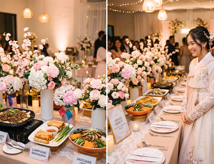 Filipino-Korean fusion debut table with bulgogi and lumpia, pastel flowers, and a smiling Filipina debutante in a modern hanbok gown.