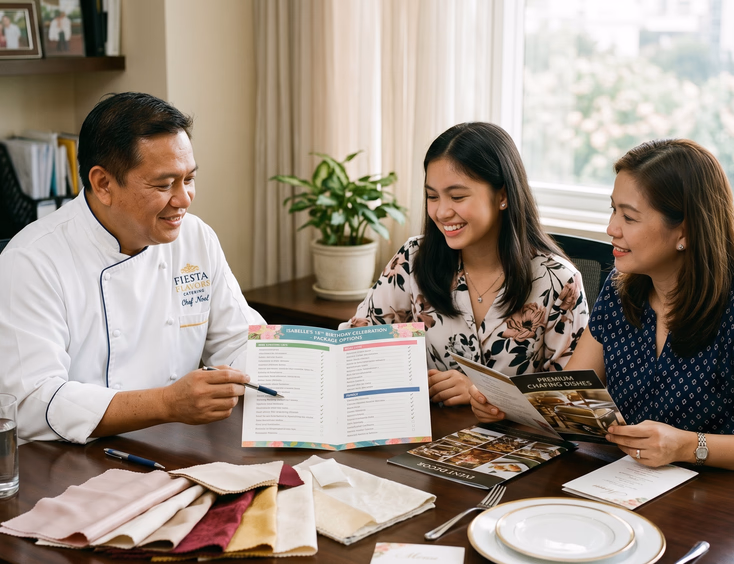 Filipino caterer reviews an inclusions list with a debutante and her mother at a table with swatches and setting samples in soft daylight.