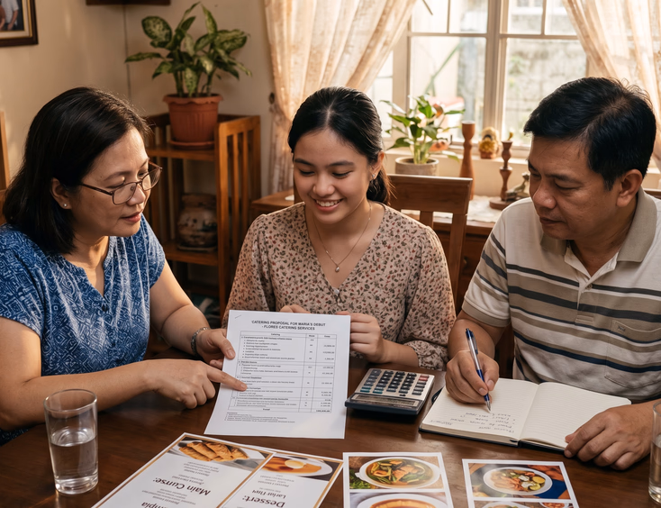 Filipina debutante and parents review a catering quote at home, with a calculator, menu cards, and photos spread in warm afternoon light.