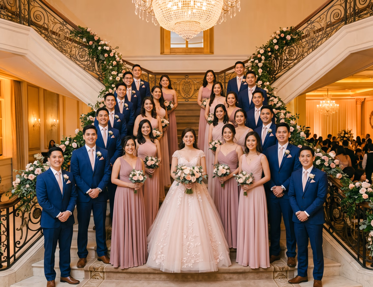 Filipino debutante in a blush gown on a grand staircase with her coordinated entourage of 18 women and 18 men in a ballroom.