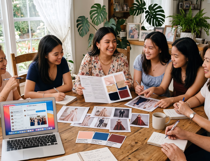 A Filipino debutante conducts a planning session with friends and family, reviewing color swatches and briefs at a sunlit table.