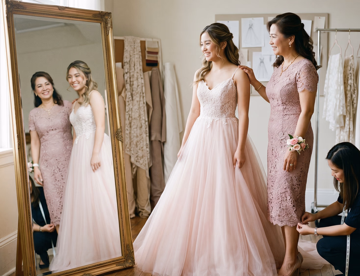 Filipino debutante and her mother, in a dusty rose lace dress, have a joint gown fitting with a designer in a sunlit studio.