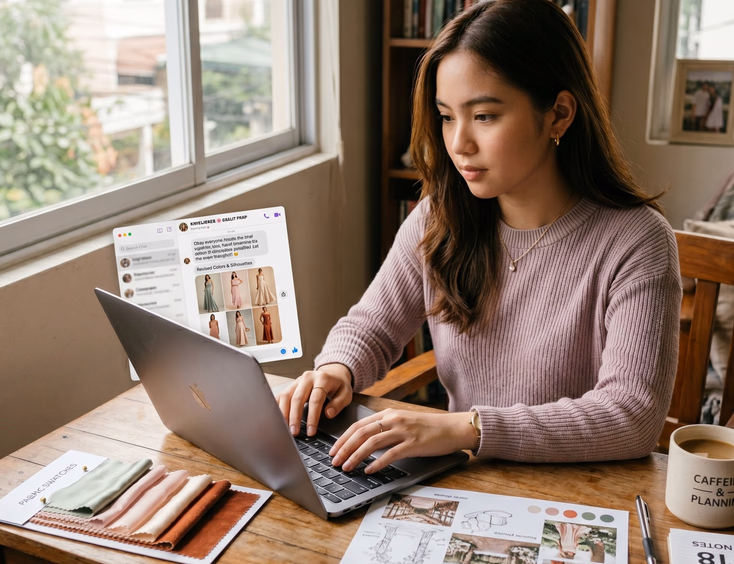 A Filipino debutante sits at a desk sending a digital style brief to her entourage via laptop, surrounded by fabric swatches.