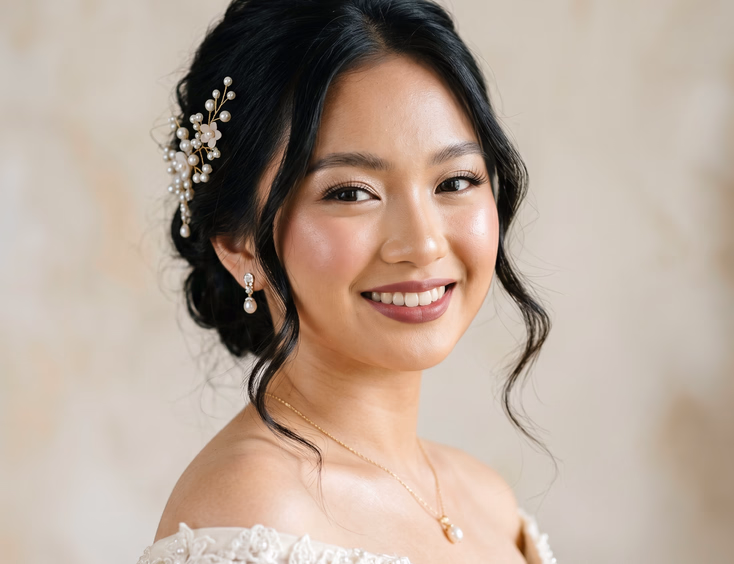 Close-up portrait of a Filipino debutante with dewy skin, rose blush, champagne eyeshadow, a berry lip, and a romantic updo with a pearl piece.