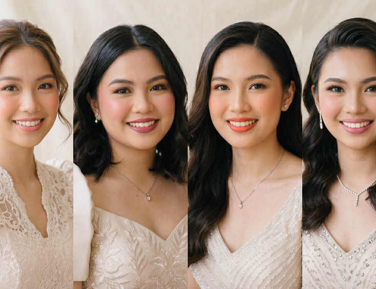 Studio portrait of four Filipino debutantes with diverse face shapes, showcasing tailored makeup looks on a clean cream backdrop.