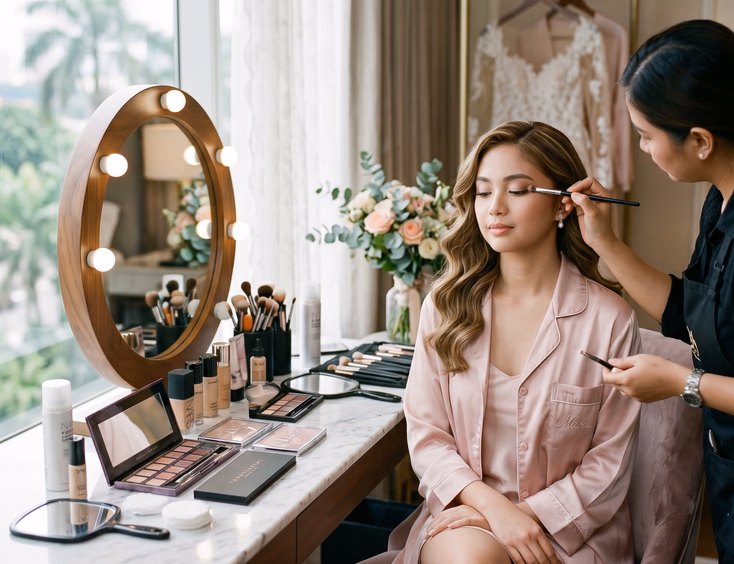 Filipino debutante in a silk robe gets her eye makeup applied by an artist at a marble vanity with open palettes in soft daylight.