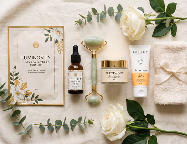 Flat lay of pre-debut skincare products on cream linen with a sheet mask, serum, jade roller, sunscreen, eucalyptus, and a white rose.