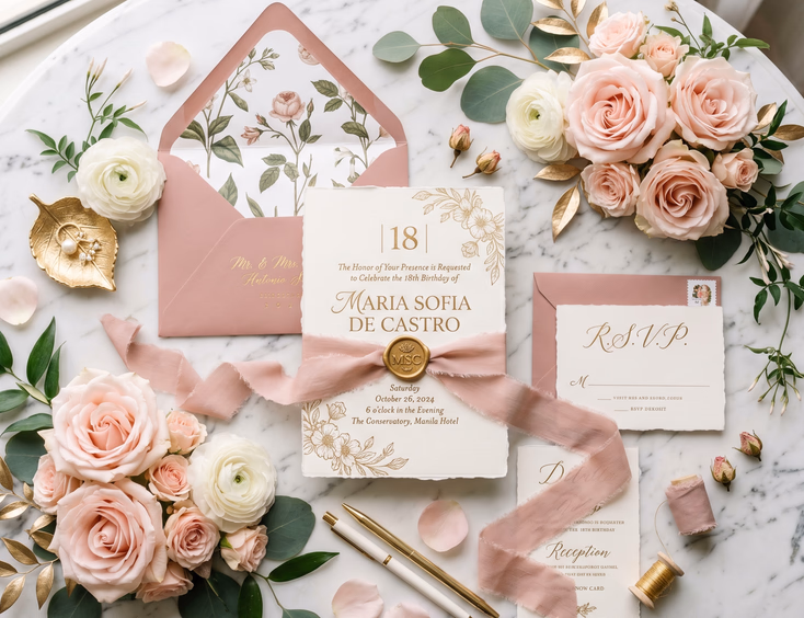 An elegant printed debut invitation suite with gold script for a Filipina debutante’s 18th birthday, styled on marble with pink roses.