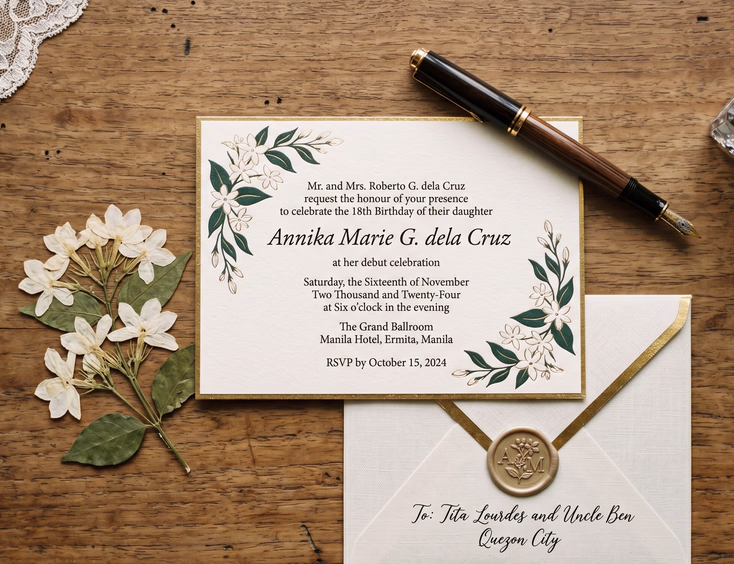 Close-up of a Filipino debut invitation with formal wording and classic typography on a wooden desk with a sampaguita flower and pen.