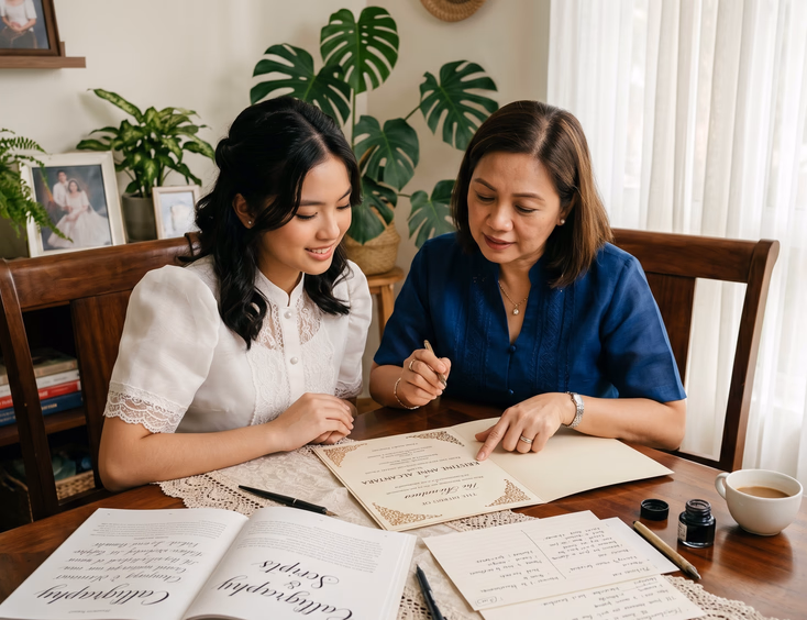 A young Filipina debutante and her mother review traditional debut invitation wording and calligraphy samples at a wooden table in soft light.