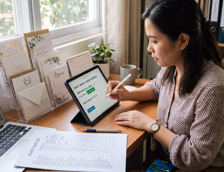 A Filipina RSVP coordinator tracks a debut guest list on a tablet and printed forms at her home desk with invitation samples.