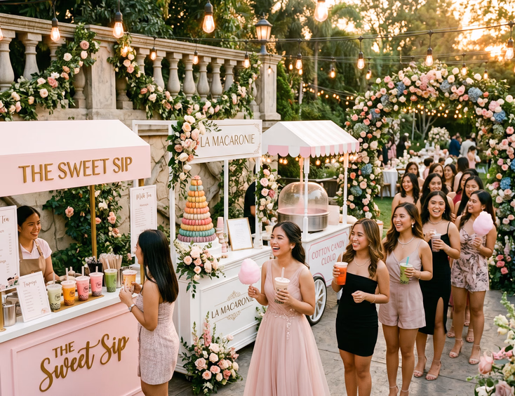 Young Filipina guests line up at mobile food carts, including milk tea and cotton candy stations, at an elegant garden debut reception.