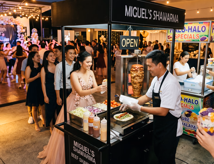 A Filipino vendor serves shawarma wraps to guests near a halo-halo food cart during a lively debut reception with warm evening lighting.