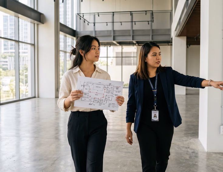 A young Filipina debutante and her event coordinator hold a floor plan while examining a modern function room during an ocular visit.