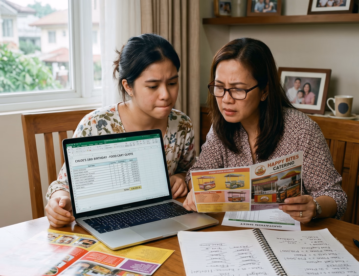 A young Filipina debutante and her mother review a food cart supplier's quote on a laptop at home while planning the event budget.