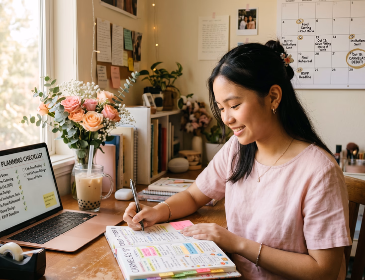 Filipina debutante planning her event at a wooden desk with a calendar, laptop checklist, open planner, and pink roses.