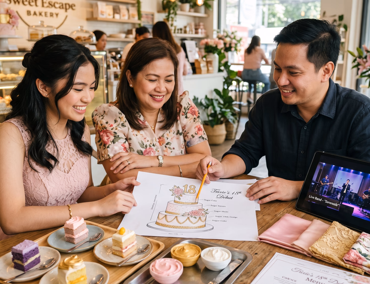 Filipina debutante and mother at a bakery consultation reviewing a three-tier debut cake design with a Filipino cake designer.