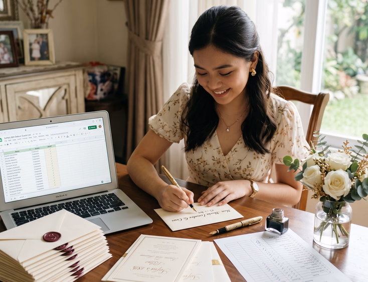 Filipina debutante addressing elegant cream and gold debut invitations at a table with an RSVP tracker on her laptop screen.