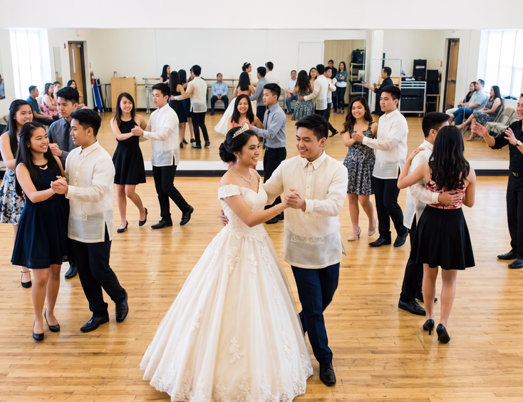 Filipina debutante and her cotillion court practicing a waltz formation with a choreographer in a mirrored dance studio.