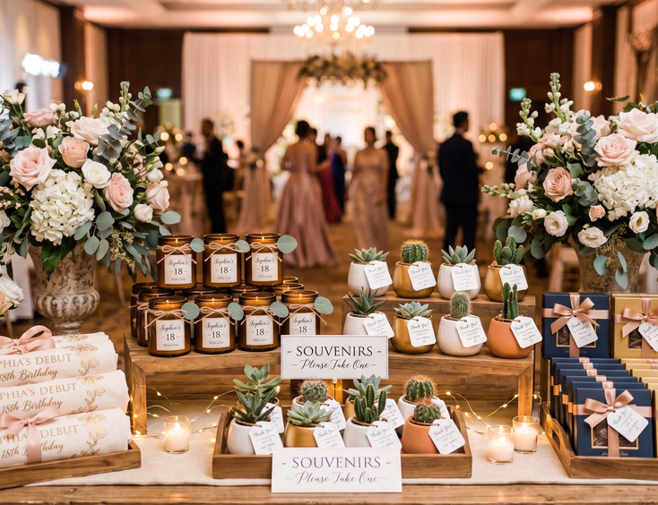 Elegant debut souvenir table in a ballroom with personalized keepsakes like custom soy candles, mini terrariums, and branded tote bags.