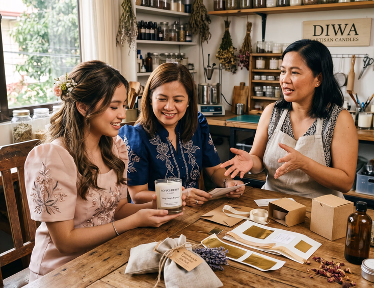 A Filipina debutante and her mother review custom soy candle, lavender sachet, and packaging samples with an artisan at a workshop table.