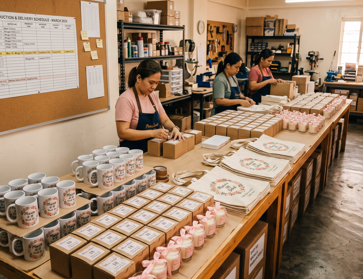 An organized Filipino supplier workshop with rows of finished personalized debut souvenirs including custom mugs and tote bags ready for delivery.