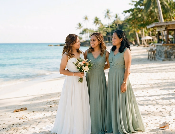 Filipino bride in white dress with two bridesmaids in sage green gowns on a sunlit Philippine beach resort with palm trees and blue ocean
