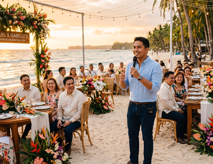 Filipino wedding host in smart casual attire holding microphone at beachfront destination wedding reception with turquoise ocean and palm trees at golden sunset