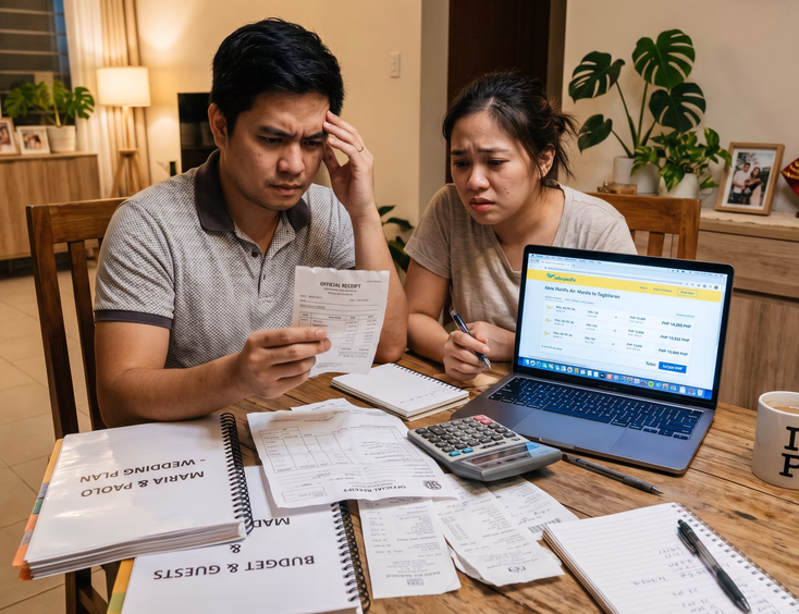 Filipino couple stressed while reviewing printed receipts and flight booking prices on laptop with wedding planning folders and calculator on dining table