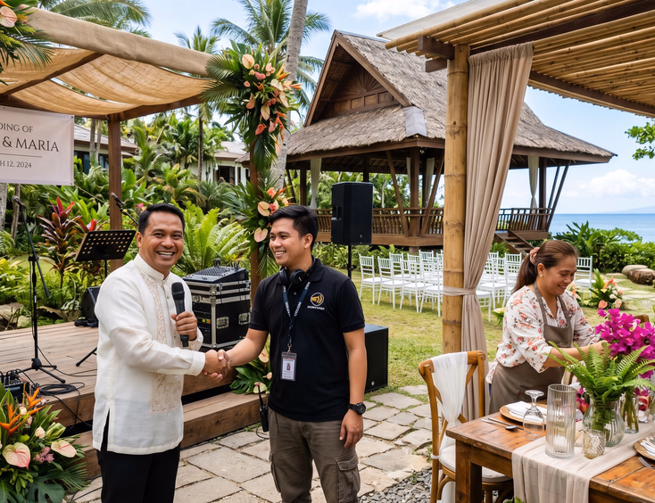 Filipino wedding host shaking hands with sound engineer beside outdoor stage at tropical resort while florist arranges centerpieces in bright midday light