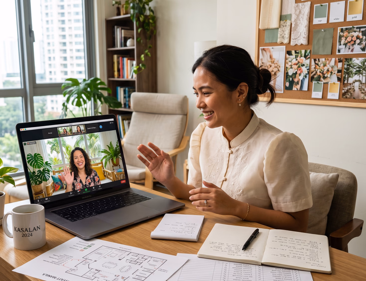 Filipino bride on video call with wedding host at desk with printed venue layout and guest list beside her and wedding mood board pinned on wall behind her