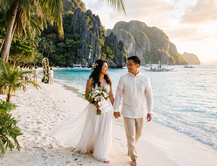 Filipino bride and groom holding hands barefoot on a white sand beach in Palawan or Boracay during their destination wedding at golden hour