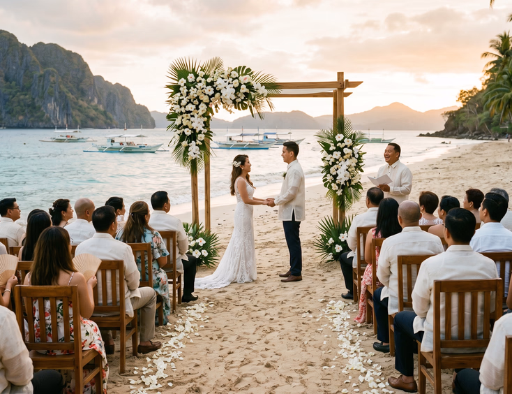 Filipino destination wedding ceremony on a tropical Philippine beach with guests seated along a sandy aisle and a floral wooden arch at the altar