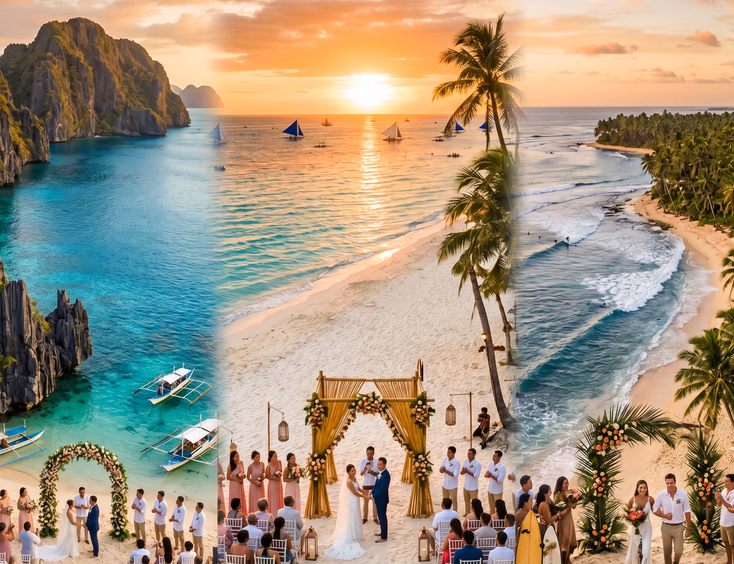 Collage of three Filipino destination wedding venues featuring El Nido Palawan, Boracay, and Siargao at golden hour